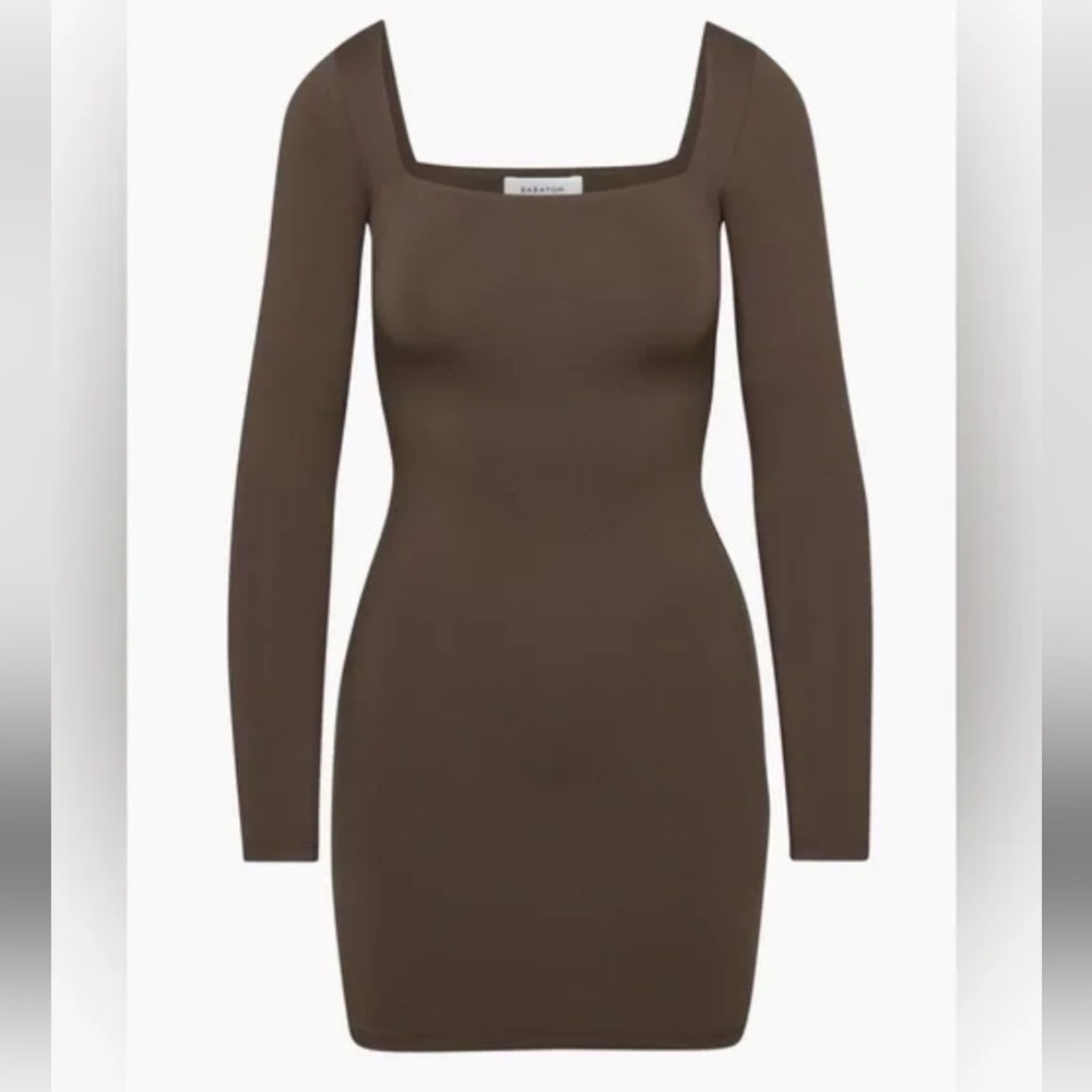 Babaton Aritzia Brown Ribbed Square Neck Mini Dress XS Bodycon Long Sleeve